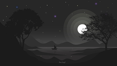 black beauty atanu black boat branches lake moon mountain nature night sanyal shade shadow stars tree water