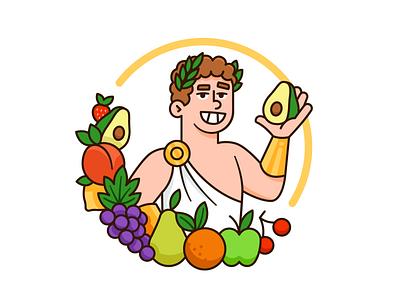 God of Fruit Logo Design apple avocado cartoon character creative flat food fruit funny god greek illustration logo mascot mediterrean nature natural outline spring sticker vector