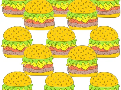 hamburger pattern blue brown card cheese design food green icon illustration logo red tomatoes yellow