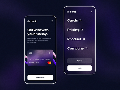 Bank: Responsive app app design bank bank card banking clean credit card dark app dark mode dark ui design interface landing page mobile ui product responsive responsive design responsive website design ui ux