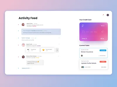 Activity Feed activity feed clean credit card dashboard file lists notification product design tasks web design