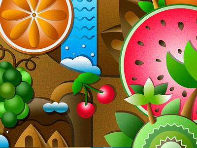 "Fruit island". Vector illustration art cherry design flat fruit fruits graphic illustration island landscape palm paradise vector waterfall