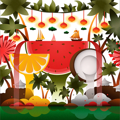 "Island with waterfalls". Vector illustration art colorful design flat fruits graphic illustration illustrator island landscape paradise vector waterfall