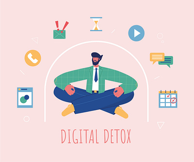 Digital detox concept character design detox digital digital detox flat flat design illustration man meditation mentalhealth metditate vector vector illustration