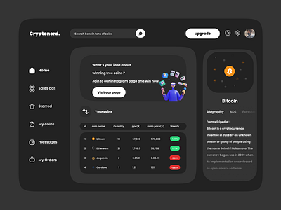 Cryptocurrencies dashboard design (Cryptonerd) concept crypto dark dark mode dashboad design minimal side menu table ui web