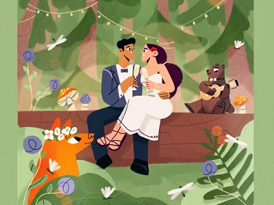 Wedding season 🌲 bear bride character fox groom illustration plants season ukulele wedding