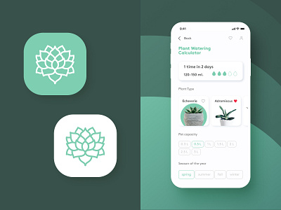 Plant Watering Calculator - DailyUI004,005 004 005 calculator daily 100 challenge dailyui dailyuichallenge design echeveria figma green icon icon design mobile app plant succulent ui white