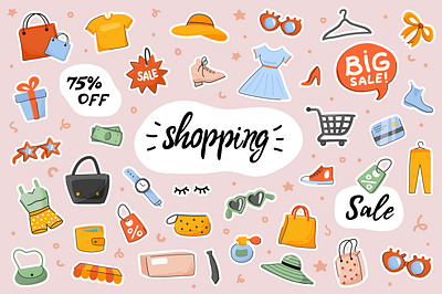 Shopping Cute Stickers Template Set badge banner card cartoon cute doodle drawn elements flat hand illustration isolated paper printable scrapbooking shopping sticker tag template vector