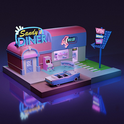 Welcome to Sandy's DINER 3d 3dart 3dmodel blender blender3d blender3dart blendercycles car digitalart diner lowpoly lowpoly3d lowpolyart neon neon colors neon light retro retro design retroart