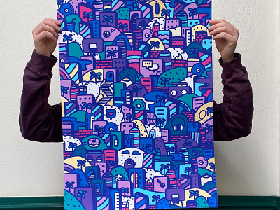 Under the rain poster basketball bird boob bricks buildings city doodle ghettoblaster headphones hoop hot dog illustration landscape nipple palm trees pigeon poster purple spray can vinyl