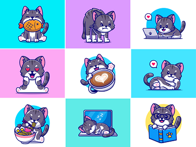 Grey cat🐈‍⬛ angry cat animal busy cat cat cat illustration cat pose coffee cute fish food grey cat icon illustration kitty kitty cat laptop logo noodle sleepy cat working cat