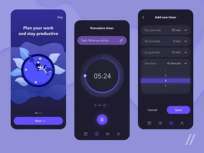 Pomodoro App app design efficiency mobile mvp online organizer plan planning pomodoro pomodoroapp productivity productivity app purrweb react native startup technique timer ui ux