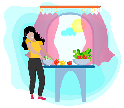 Cooking concept, talking wile making salad communication concept cooking diet girl healthy illustraion kitchen minimal mobile natural talking vector vegetables window