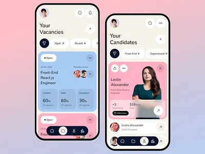 Hiring App - Vacancies and Candidates Page View app canditate concept hiring app hr job board light mode linkedin mobile app design mobile design onboarding screens recruiters recruiting resume ui design ux design uxui vacancies vacancy warm colors