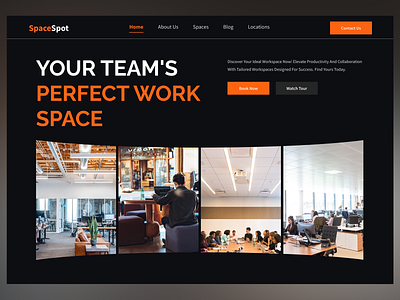 Workspace management homepage | SpaceSpot blogs collaboration dark theme easy navigation employee homepage landing page productivity project management remote work schedule task assignment team management ui user experience user interface uxui web design website workspace