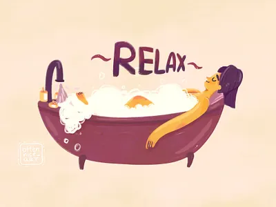 Relax Time bathtub branding character character design design digital art flat girl girl character illustration purple quircky relaxing spa woman yellow