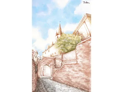 Sibiu in watercolors brick wall church historic city ipadpro old city painting procreate watercolor