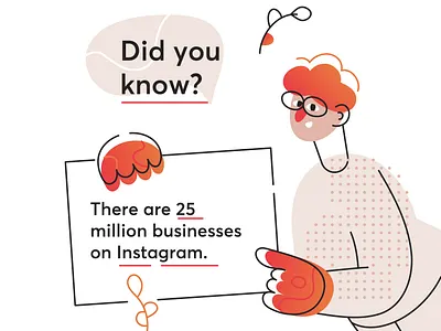 Young man points out an interesting fact art business business people character design fact factory flat gradient illustration instagram post line liner modern orange outline people red texture vector