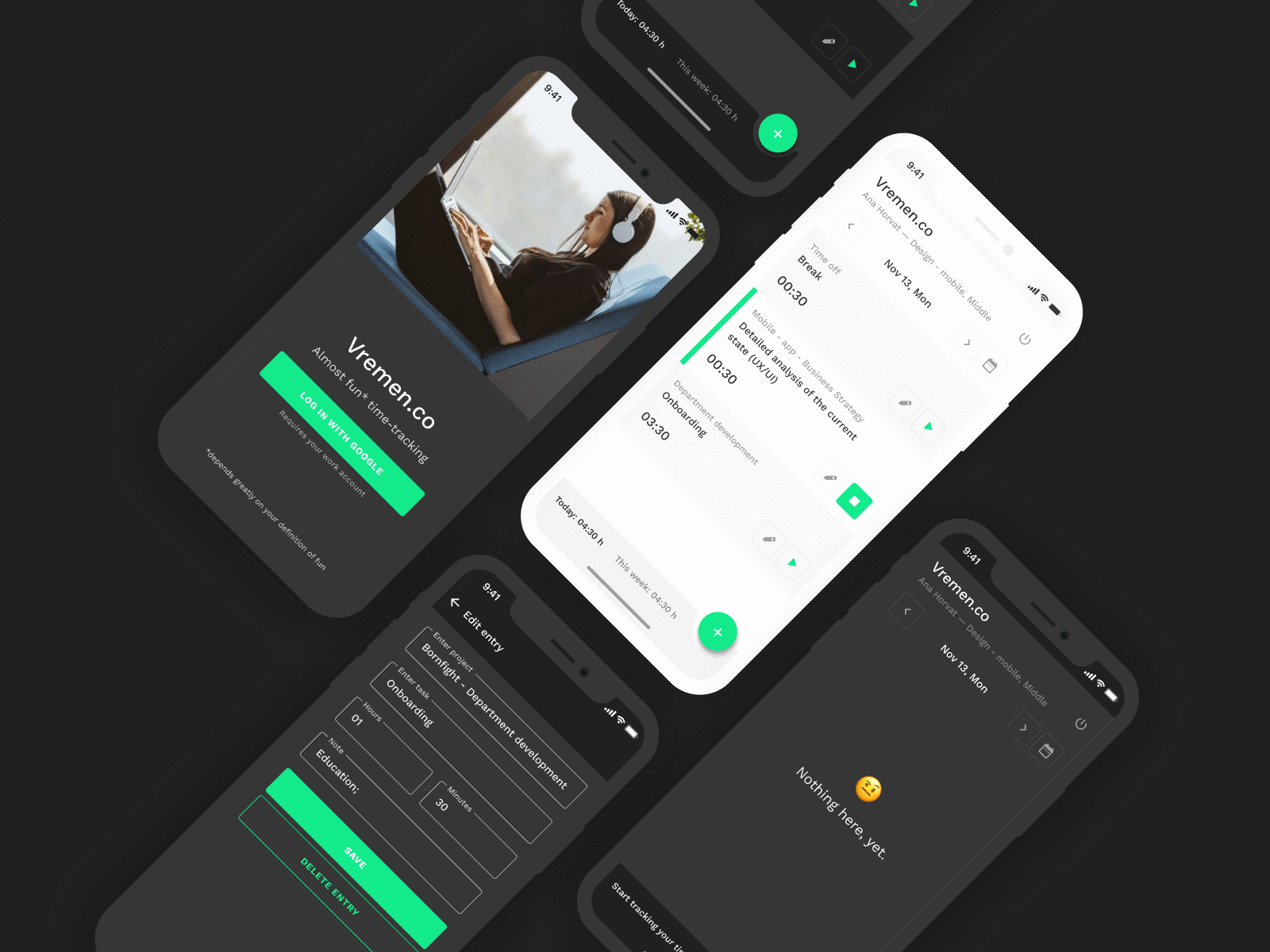 Vremen.co — time tracking app branding clean dark mode dark ui design flutter flutter app development light ui mobile ui time management time tracking ux design