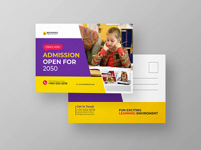 School Education Admission Postcard For Kids. activities admission admission postcard advertisement art class camp children college dancing class education education postcard enrolment junior kids kids admission postcard kids party kids postcard kids school postcard template