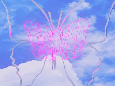 digitized butterfly 3d 3d artist 3d illustration 3d illustrator blender butterfly clouds design glowing illustration liquid metal metallic sky