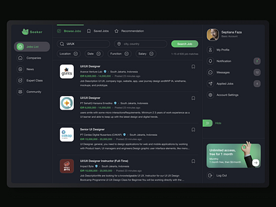 Dashboard JobSeeker - Dark Theme clean dark dark theme dashboard design flat job job listing job search ui uidesign web design