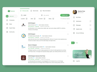 Dashboard Job Seeker clean dashbord flat job job listing job search light theme mockup ui ui design uidesign