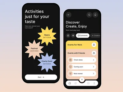 Event mobile App activities charity event dark theme design elegant event app event management event sharing events events app festival home screens mobile application opera ui ui design user experience user interface ux uxui