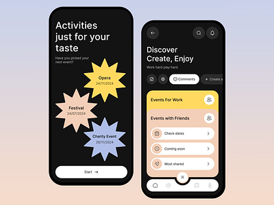 Event mobile App activities charity event dark theme design elegant event app event management event sharing events events app festival home screens mobile application opera ui ui design user experience user interface ux uxui