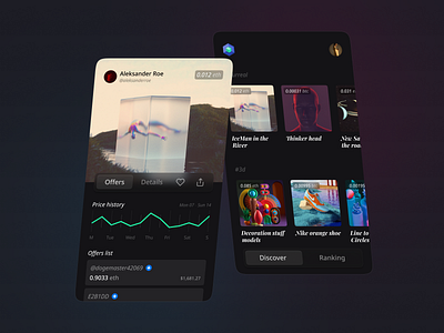 Crypto Marketplace bitcoin cryoto dark design system ethereum glassmorphism marketplace mobile nft nftart shop visual design