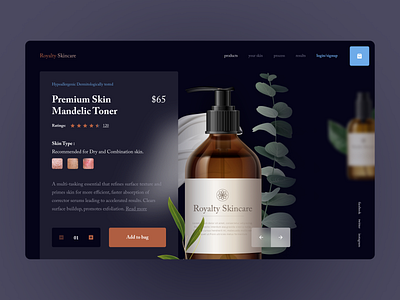 Royalty Skincare - Product page design dark theme ecommerce landing page product page serif shopping cart skincare ui ui design ux design websitedesign