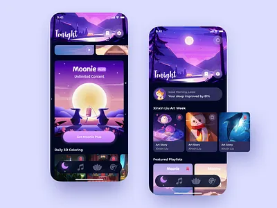 Moonie — Go to sleep happy and relaxed 🌛✨ app design app ui app ui design calm illustration meditation meditation app mobile app mobile app design relaxed sleep sleep app ui ui design ux