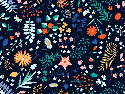 Winter Floral Pattern berries bloom blossom branch dark floral flower forest hoarfrost illustration leaves nature night pattern petals seamless spring twig vector winter