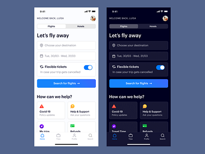 White vs Dark app bottom navigation cards ui clean dailyui dark ui design flat input field inputs ios light mode mobile mobile app navigation bar travel app ui ui patterns ux