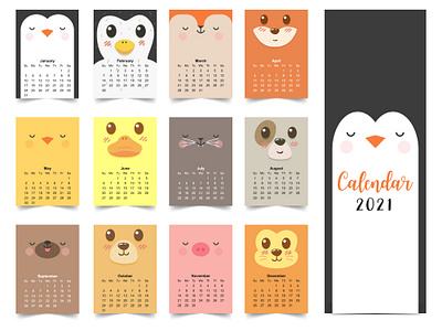 Calendar Design | Cute Face Animal 2021 2021 calendar adobe adobe illustrator animal calendar calendar design calendar ui colorful animal cute animals cute dog cutefox duck illustrations love animal paper cutting art pink cat puppy stationery wall calendar