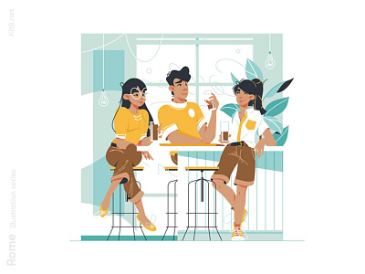 Friends rest at bar bar character drink flat friends girl happy illustration indoors interior kit8 loft man vector woman