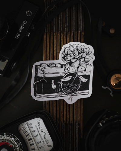 flower camera sticker blackandwhite camera cute illustrations film camera flower hand drawn illustration overgrown vintage wilderness