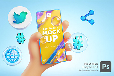 Cute Hand Holding Phone Twitter Icons Around 3d 3d design 3d icon 3d icons cartoon concept cute facebook icon icon design icon mockup icons instagram internet media mockup phone post smartphone social
