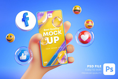 Cute Hand Holding Phone Facebook Icons Around 3D 3d 3d design 3d icon 3d icons cartoon concept cute facebook icon icon design icon mockup icons instagram internet media mockup phone post smartphone social