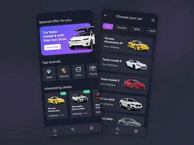 App for car renting car carsharing dark ui mobile renting tesla