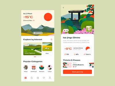 Japan Tourism App app art asia clean colorful concept design illustration japan location minimal mobile splash ticket tourism travel trip ui ux weather