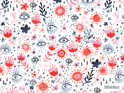 Mystic Folksy Floral Pattern Design eye flowers folk folkart folkflowers handdrawn homedecore homedesign illustration illustrator mystic nature painting pattern surfacepattern surfacepatterndesign surfacepatterndesigner watercolor