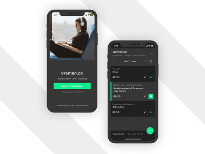 Vremen.co — time tracking app (Series 2) app design clean dark mode design flutter flutter app development light ui mobile ui time management time tracking ui design ux design