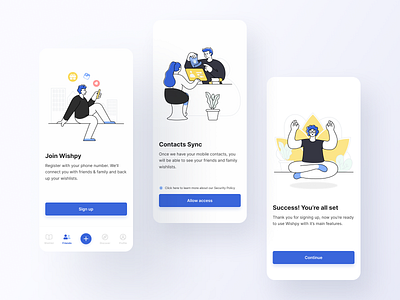 Wishpy - Onboarding & Register app design app ui high fidelity illustration illustration design minimalism minimalism illustration minimalist design onboarding onboarding illustration onboarding screen onboarding ui phone number product design registration signup ui ui design user experience wishlist