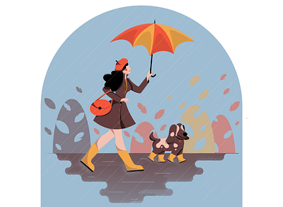 rain autumn dog girl illustration rain umbrella vector