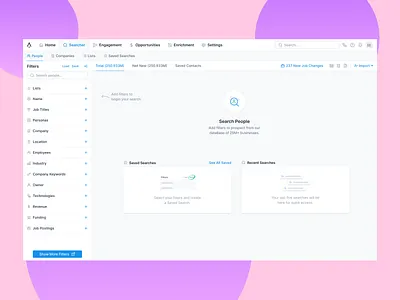 Recent & Saved Searches analytics apollo crm dashboard empty state filter filter ui filtering filters recent search saas saved saved search search search bar search engine search results searching strategy ui
