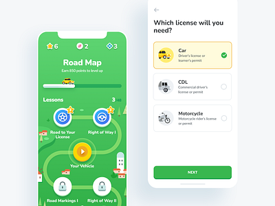 DMV Learning App android app cdl design dmv friendly gamification illustration interaction ios learning mobile mobile app playful ui ux