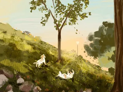 Dogs at the park design digital art green illustration leaves painting