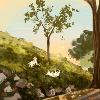 Dogs at the park design digital art green illustration leaves painting