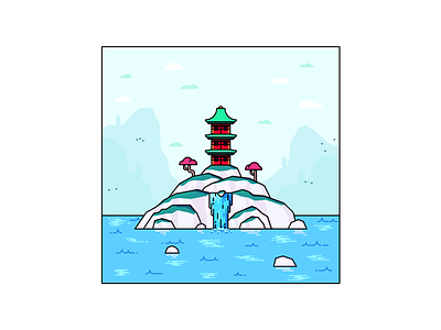 Island of the rising sun birds cherry blossom clean clouds colour colours japan lines minimal mountains ocean oriental outlines pagoda sea simple vector water waterfall waves